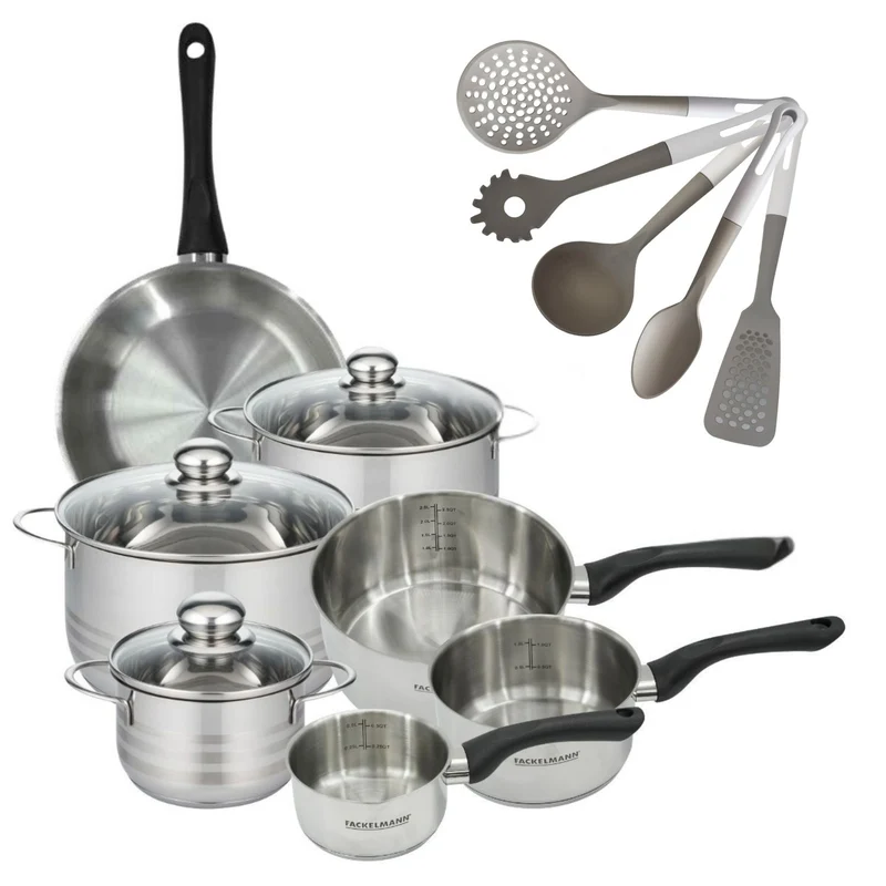 Batterie de cuisine avec 3 faitouts 16/20/24 cm et 3 casseroles 12/16/20 cm avec 5 ustensiles de cuisine Fackelmann Généva Brillant Vario