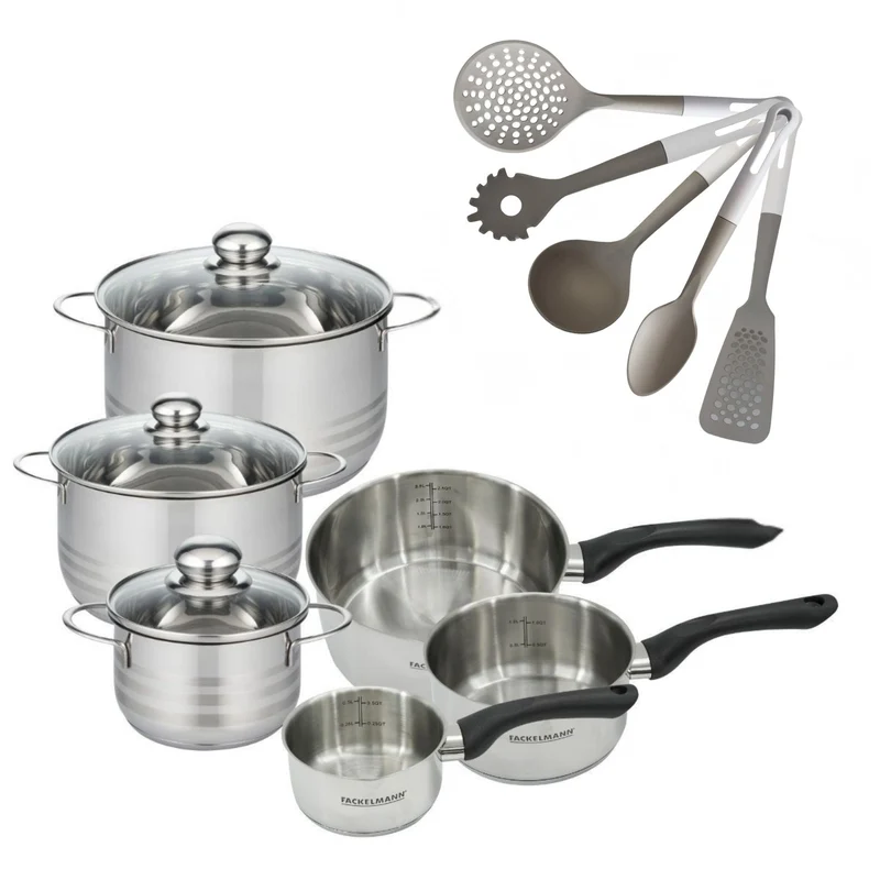 Batterie de cuisine avec 3 faitouts 16/20/24 cm et 3 casseroles 12/16/20 cm et 5 ustensiles de cuisine Fackelmann Généva Brillant Vario