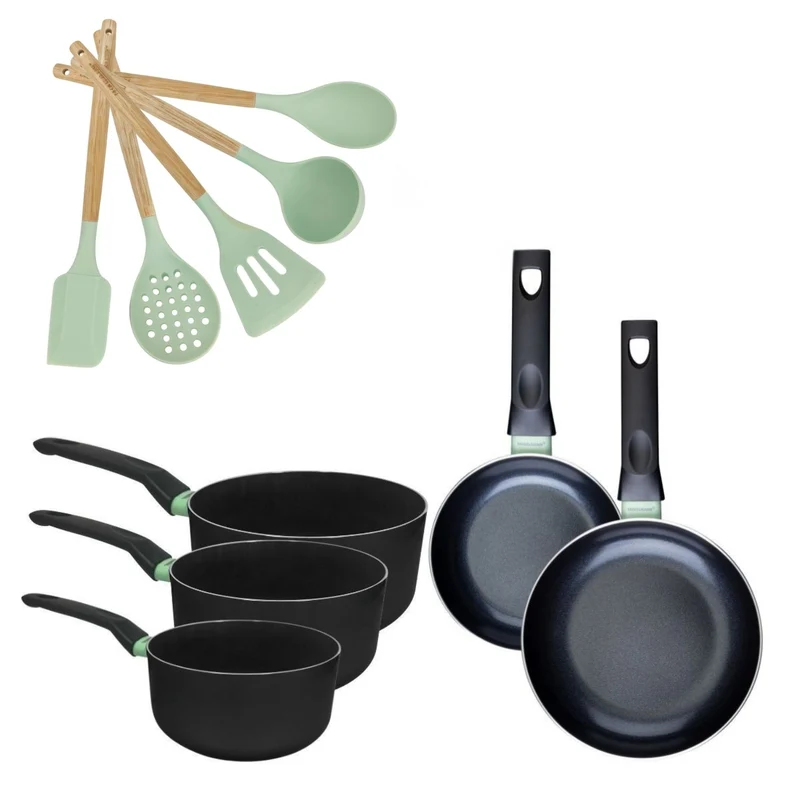 Batterie de cuisine avec 2 poêles 16/20 cm et 3 casseroles 16/18/20 cm avec 5 ustensiles de cuisine sans PFAS Fackelmann Brandao Océan