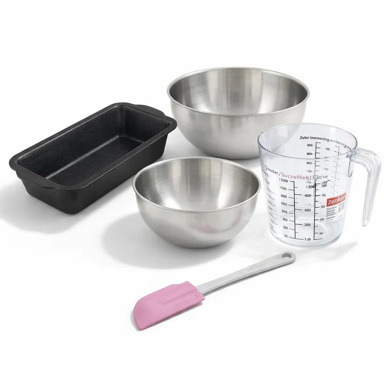 Set pâtisserie avec moule à cake 31,5 cm, 2 bols à mixer, verre mesureur et spatule Zenker