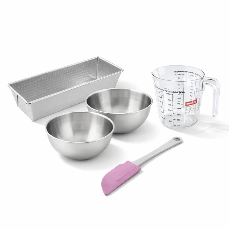 Set de 5 ustensiles de pâtisserie moule à gâteaux bols spatule et verre doseur Zenker Silver