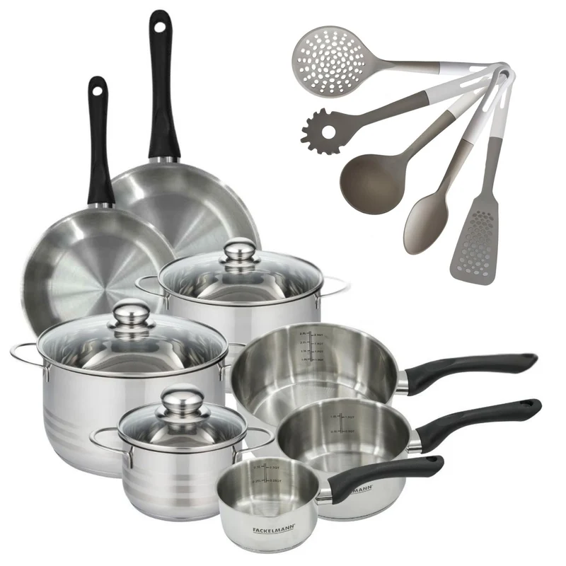Batterie de cuisine avec 3 faitouts 16/20/24 cm et 3 casseroles 12/16/20 cm avec 5 ustensiles de cuisine sans PFAS Fackelmann Généva Brillant Vario
