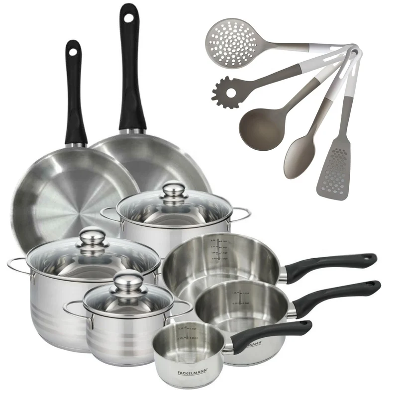 Batterie cuisine 2 poêles 24/28 cm 3 faitouts 16/20/24 cm 3 casseroles 12/16/20 cm 5 ustensiles Fackelmann Geneva