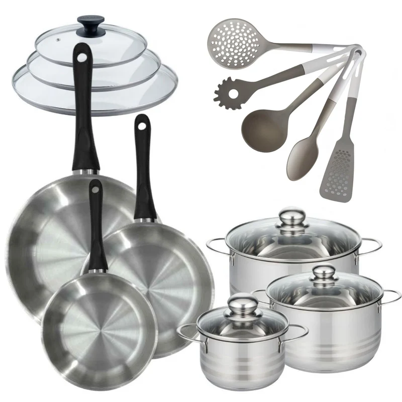 Batterie de cuisine Généva Brillant Vario avec 3 faitouts et 3 poêles avec couvercles et 8 ustensiles Fackelmann Généva Brillant Vario avec couvercles