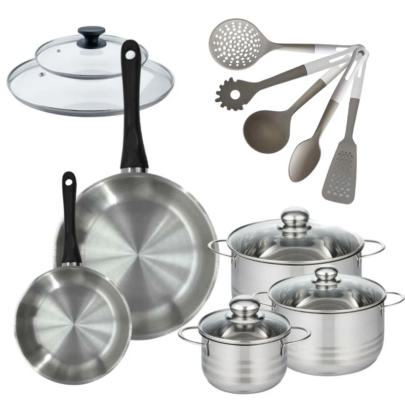 Lot de 2 Poêles 20/28 cm Fackelmann Geneva avec 3 Faitouts 16/20/24 cm et 5 ustensiles
