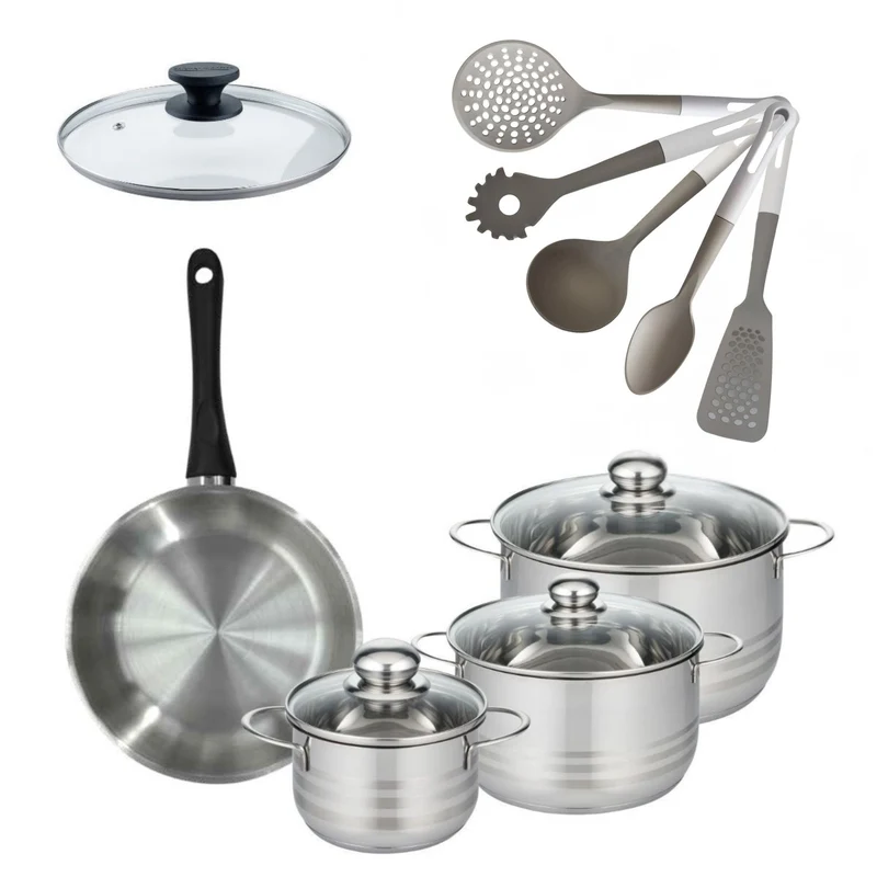 Batterie de cuisine Généva Brillant Vario : 3 faitouts 16/20/24 cm et 1 poêle 24 cm avec 6 ustensiles de cuisine couvercles inclus Fackelmann Généva Brillant Vario avec couvercles