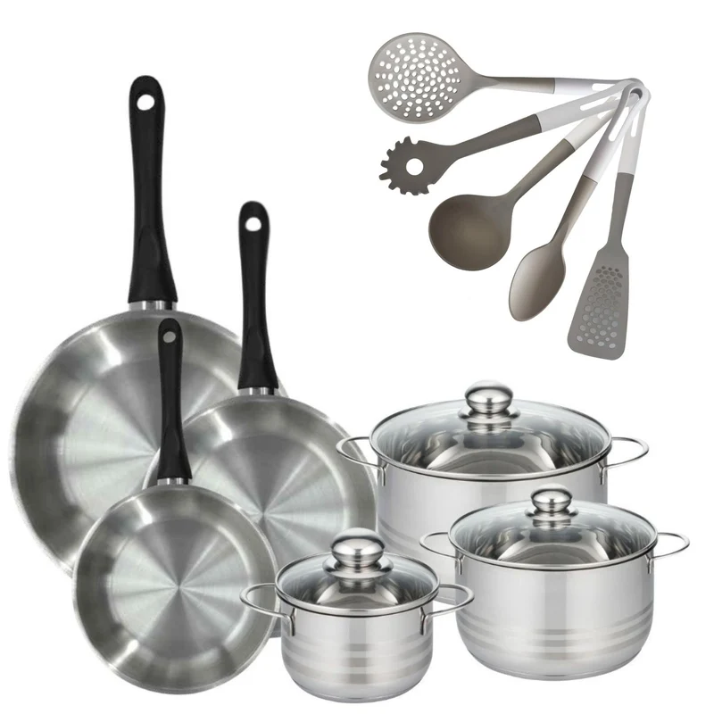 Lot 3 Poêles Inox 20/24/28cm Fackelmann Geneva & 3 Faitouts 16/20/24cm avec 5 Ustensiles Fackelmann