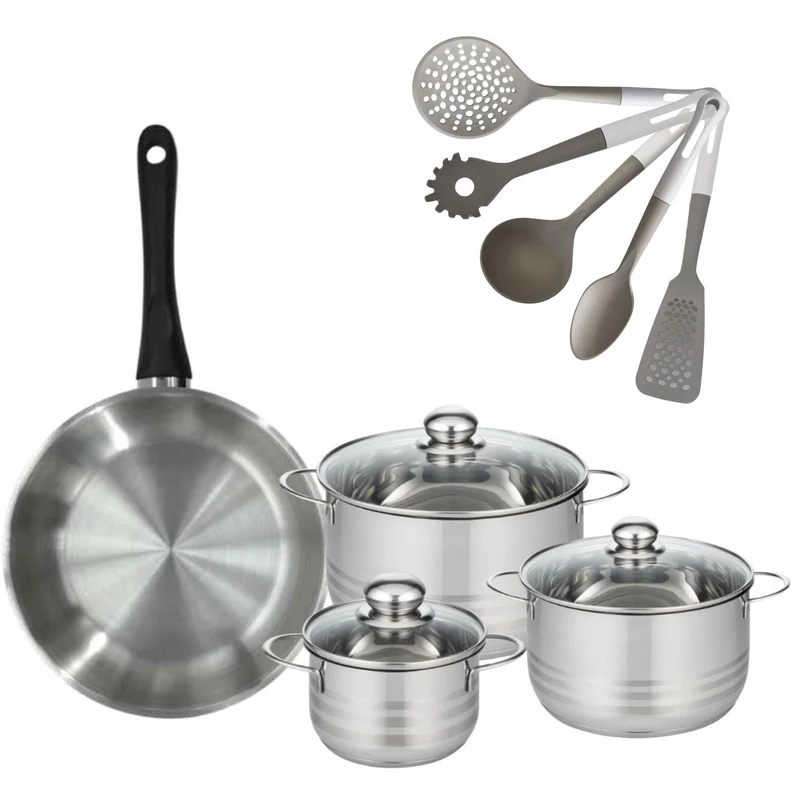 Batterie de cuisine avec 3 faitouts 16/20/24 cm et 1 poêle 28 cm avec 5 ustensiles de cuisine Fackelmann Généva Brillant Vario