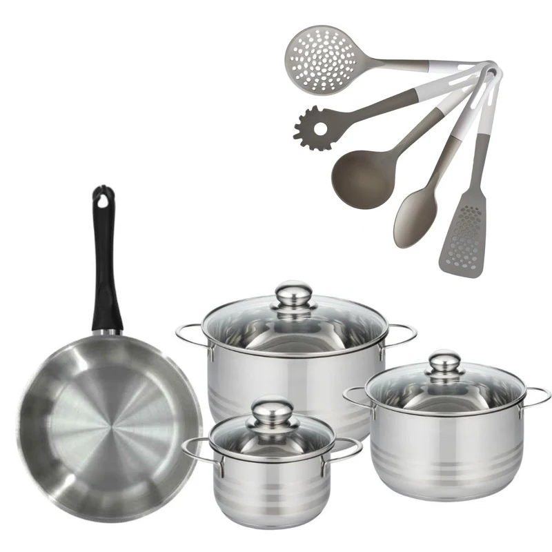Batterie de cuisine avec 3 faitouts 16/20/24 cm et 1 poêle 24 cm avec 5 ustensiles de cuisine Fackelmann Généva Brillant Vario
