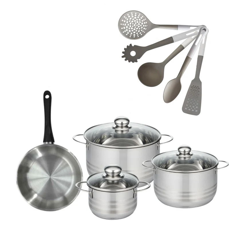 Batterie de cuisine avec 3 faitouts 16/20/24 cm et 1 poêle 20 cm sans PFAS et 5 ustensiles de cuisine Fackelmann Généva Brillant Vario