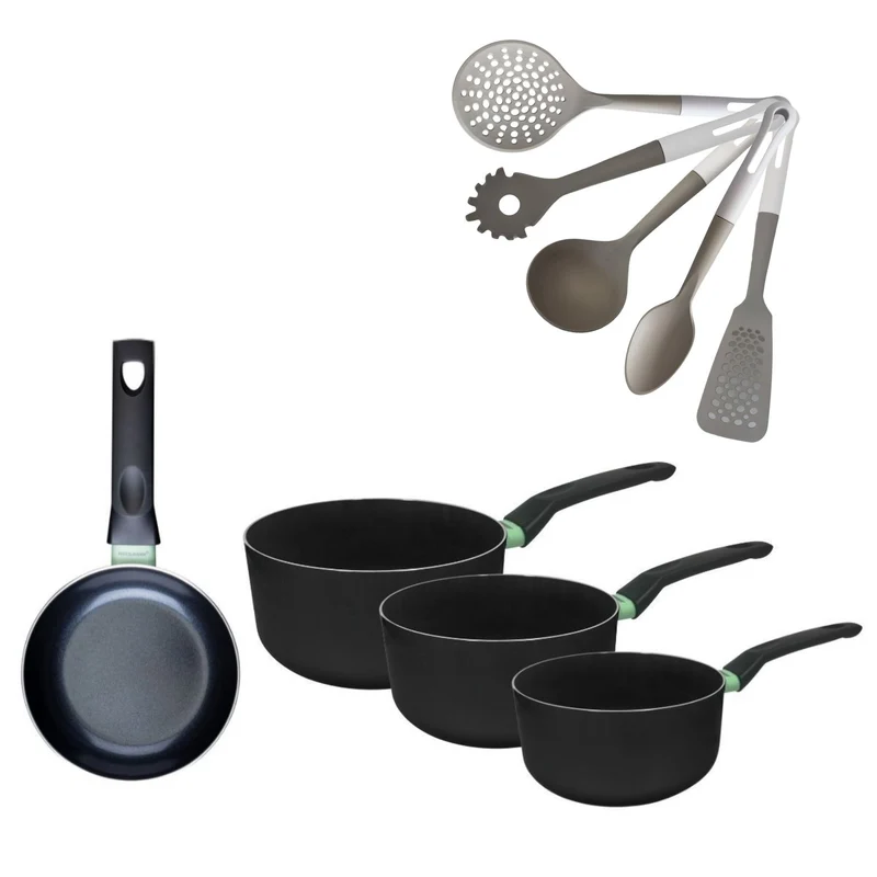 Poêle 16cm et 3 Casseroles 16/18/20cm sans PFAS Fackelmann Brandao avec 5 ustensiles Vario