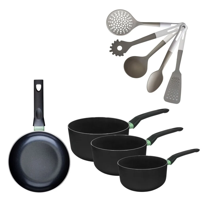 Batterie de cuisine avec 1 poêle 24 cm et 3 casseroles 16/18/20 cm et 5 ustensiles de cuisine Fackelmann Brandao Vario
