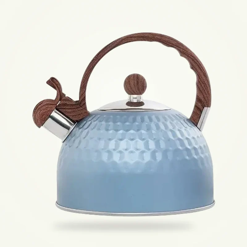 Bouilloire Sifflante Bleu avec manche en bois