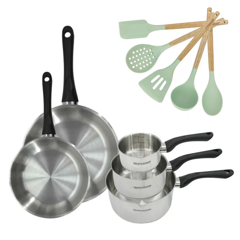 Batterie de cuisine avec 3 casseroles 12/16/20 cm et 2 poêles 24/28 cm et 5 ustensiles de cuisine sans PFAS Fackelmann Généva Océan