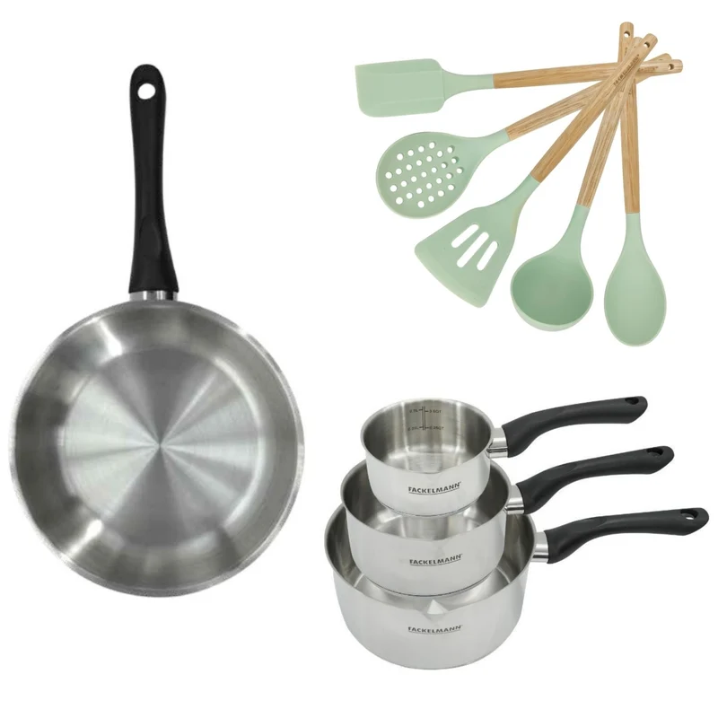 Batterie de cuisine avec 3 casseroles 12/16/20 cm et 1 poêle 28 cm avec 5 ustensiles de cuisine sans PFAS Fackelmann Généva Océan