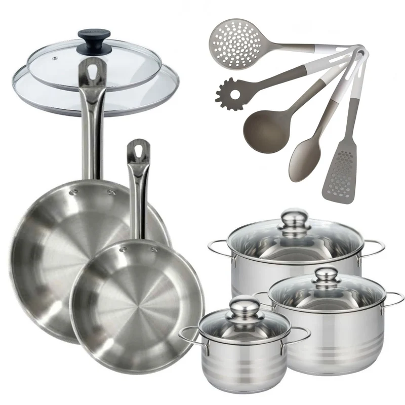 Batterie de cuisine avec 3 faitouts 16/20/24 cm et 2 poêles 24/28 cm avec 7 ustensiles de cuisine Fackelmann Etherna Brillant Vario avec couvercles