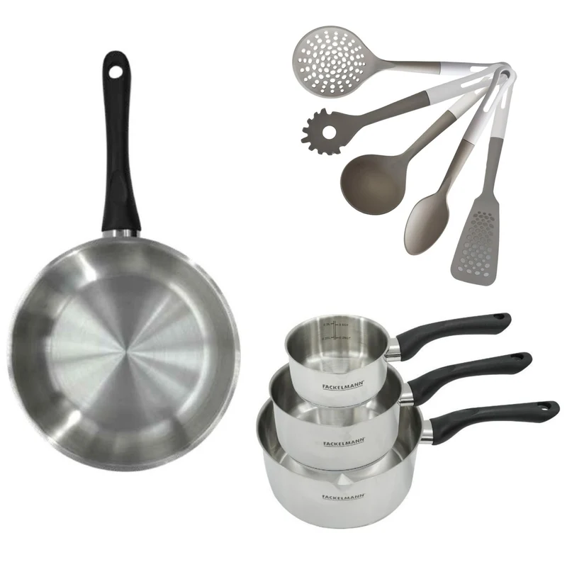 Batterie de cuisine avec 3 casseroles 12/16/20 cm et 1 poêle 28 cm avec 5 ustensiles de cuisine Fackelmann Généva Vario