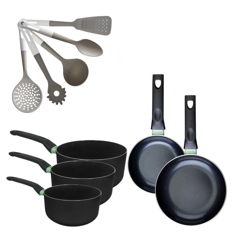 Batterie de cuisine avec 2 poêles 16/20 cm et 3 casseroles 16/18/20 cm et 5 ustensiles de cuisine sans PFAS Fackelmann Brandao Vario