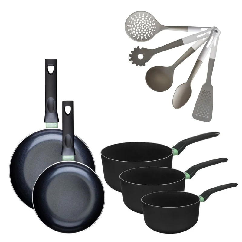 Batterie de cuisine avec 2 poêles 20/24 cm et 3 casseroles 16/18/20 cm et 5 ustensiles de cuisine sans PFAS Fackelmann Brandao Vario