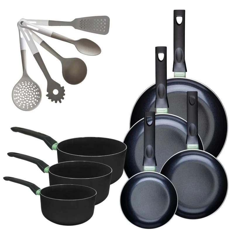 Batterie de cuisine avec 4 poêles 16/20/24/28 cm et 3 casseroles 16/18/20 cm avec 5 ustensiles de cuisine sans PFAS Fackelmann Brandao Vario