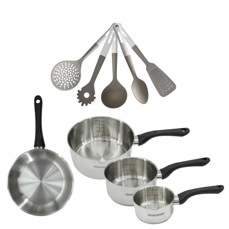 Batterie de cuisine avec 3 casseroles 12/16/20 cm et 1 poêle 24 cm avec 5 ustensiles de cuisine sans PFAS Fackelmann Généva Vario