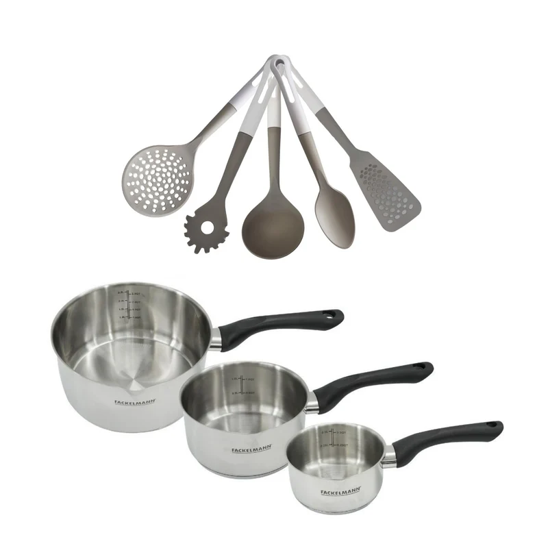 Batterie de cuisine avec 3 casseroles 12/16/20 cm en inox et 5 ustensiles de cuisine sans PFAS Fackelmann Généva Vario