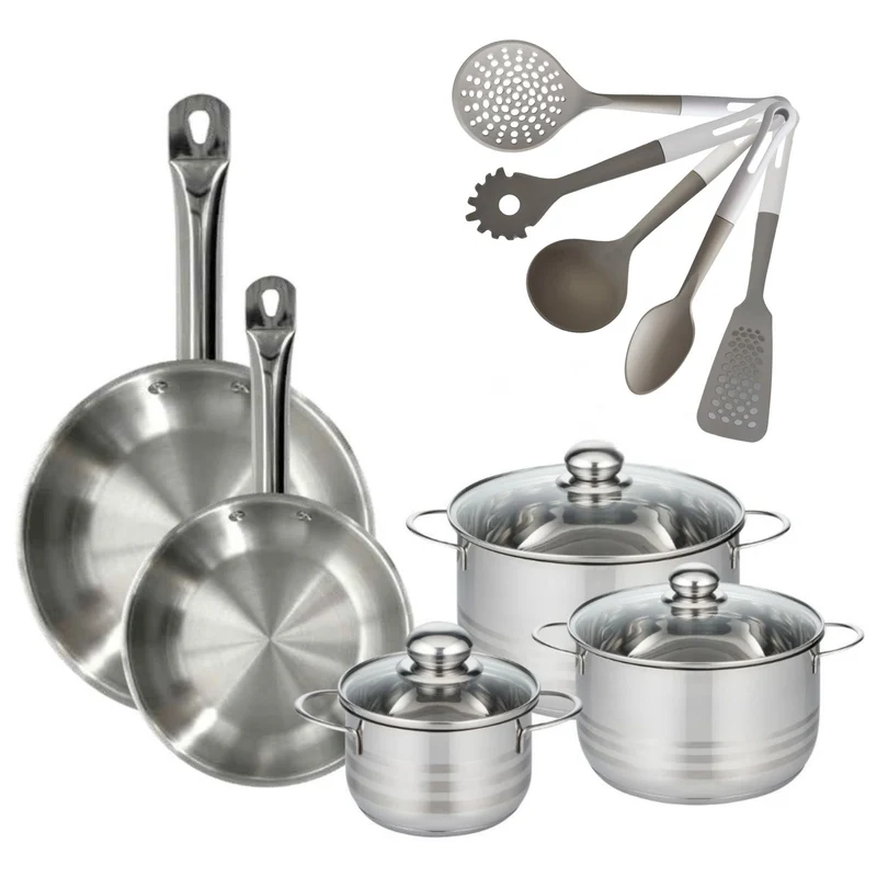 Batterie de cuisine avec 3 faitouts 16/20/24 cm et 2 poêles 24/28 cm avec 5 ustensiles de cuisine sans PFAS Fackelmann Etherna Brillant Vario