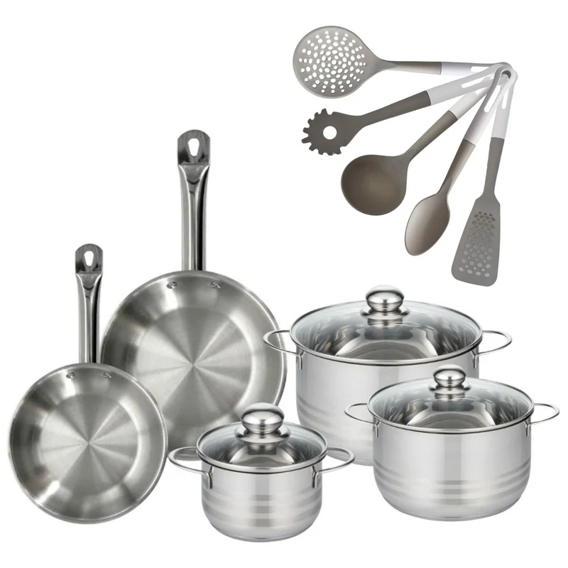 Batterie de cuisine avec 3 faitouts 16/20/24 cm et 2 poêles 20/24 cm et 5 ustensiles de cuisine Fackelmann Etherna Brillant Vario