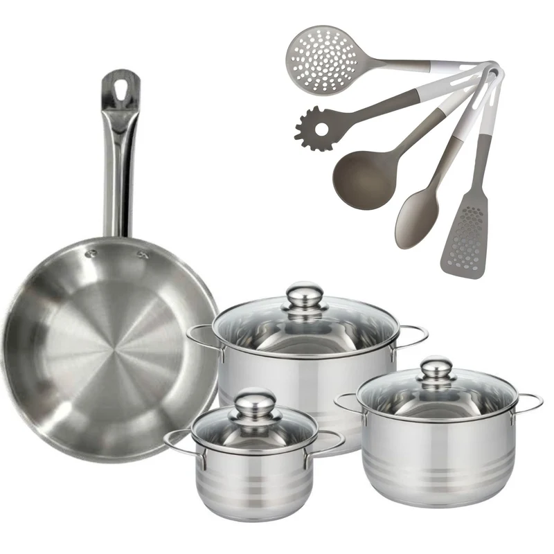 Batterie de cuisine avec 3 faitouts 16/20/24 cm et 1 poêle 28 cm avec 5 ustensiles de cuisine Fackelmann Etherna Brillant Vario