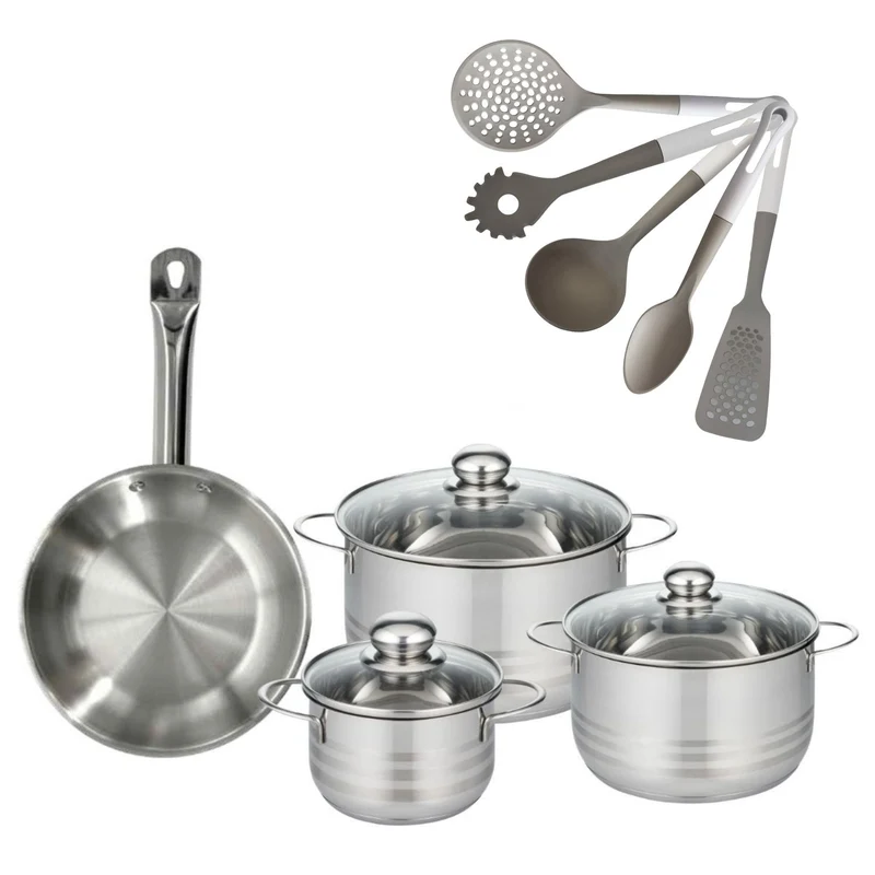 Batterie de cuisine avec 3 faitouts 16/20/24 cm et 1 poêle 24 cm avec 5 ustensiles de cuisine Fackelmann Etherna Brillant Vario