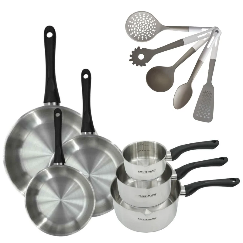 Batterie de cuisine avec 3 casseroles 12/16/20 cm et 3 poêles 20/24/28 cm avec 5 ustensiles de cuisine Fackelmann Généva Vario