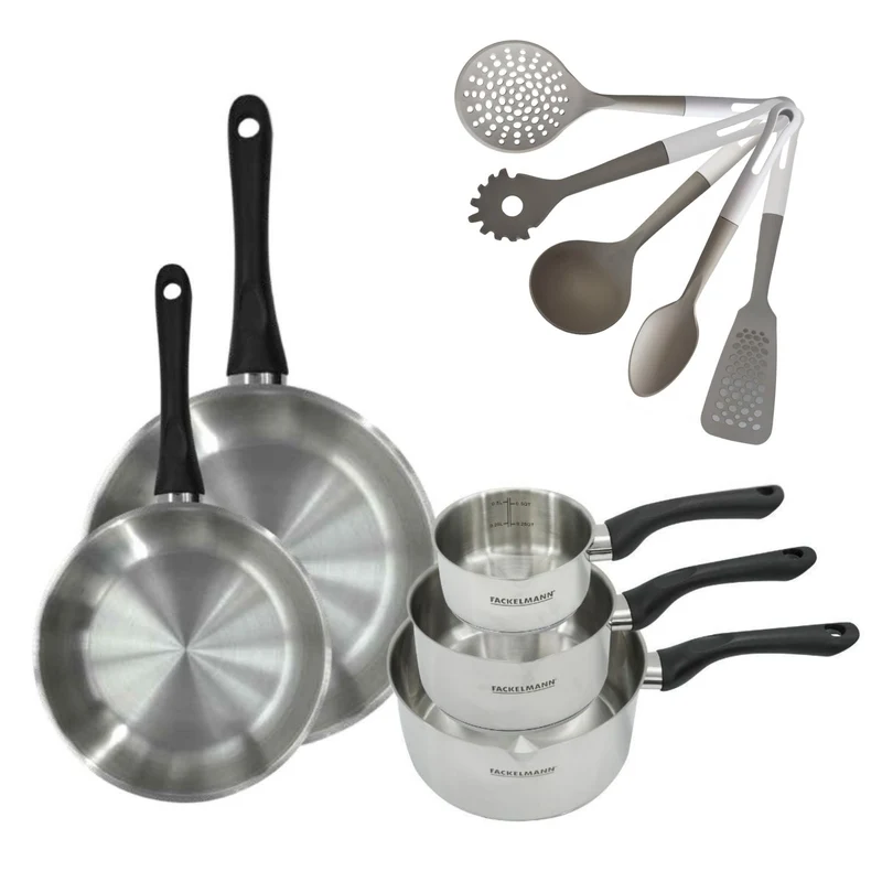Lot de 2 Poêles Inox 24/28 cm et 3 Casseroles 12/16/20 cm Fackelmann Geneva avec 5 ustensiles